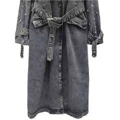 Turn Down Belt Denim Lapel Long Sleeve Trench Coat