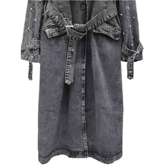 Turn Down Belt Denim Lapel Long Sleeve Trench Coat