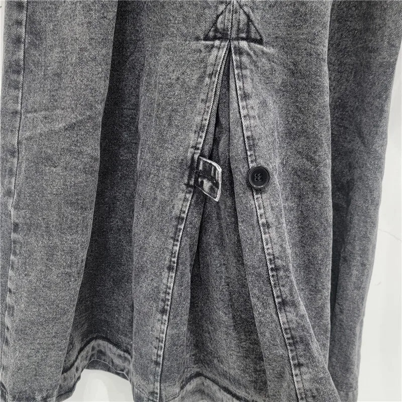 Turn Down Belt Denim Lapel Long Sleeve Trench Coat