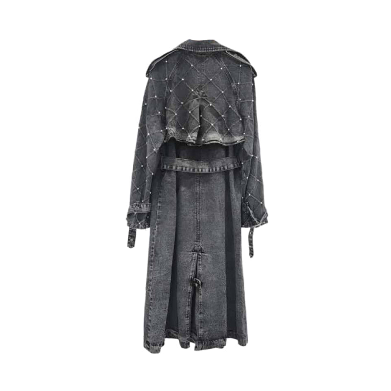 Turn Down Belt Denim Lapel Long Sleeve Trench Coat