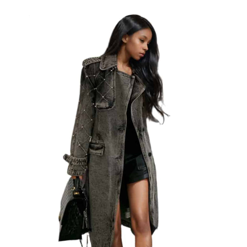 Turn Down Belt Denim Lapel Long Sleeve Trench Coat
