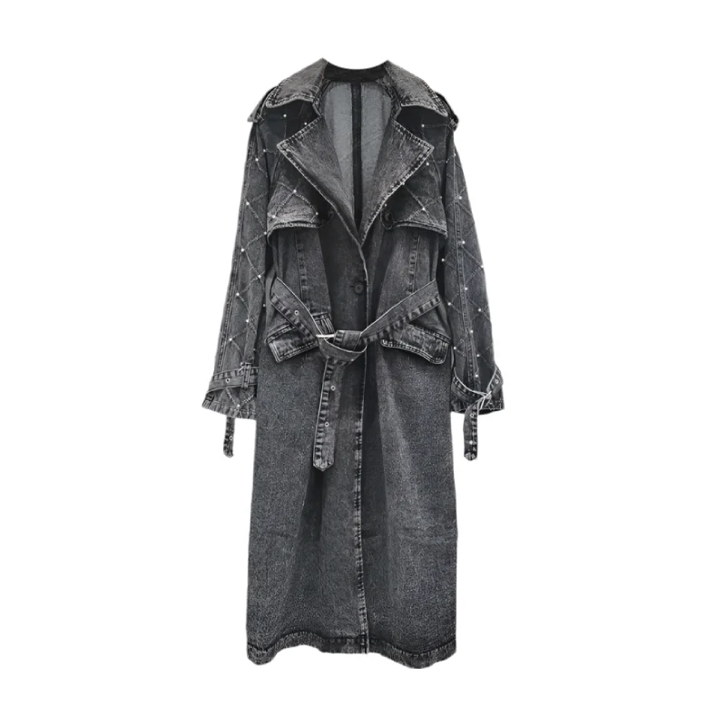 Turn Down Belt Denim Lapel Long Sleeve Trench Coat