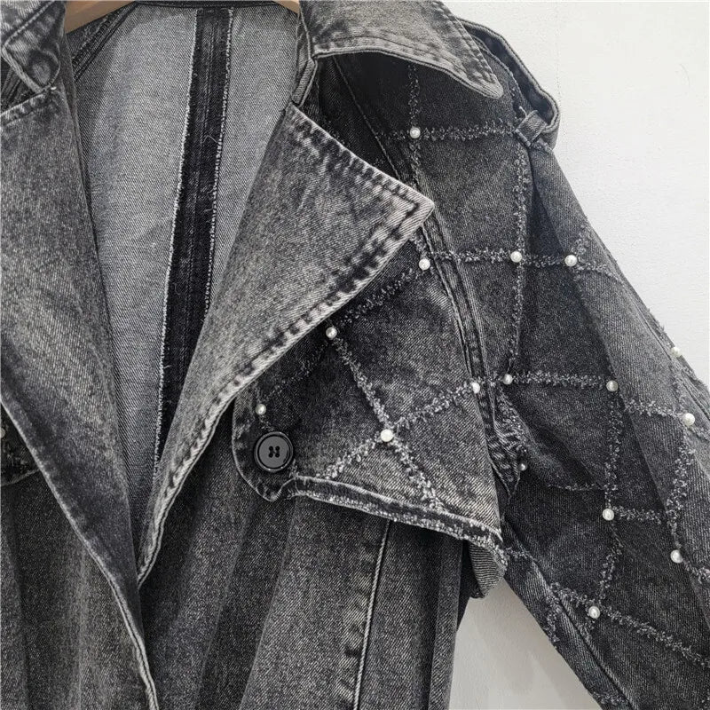 Turn Down Belt Denim Lapel Long Sleeve Trench Coat