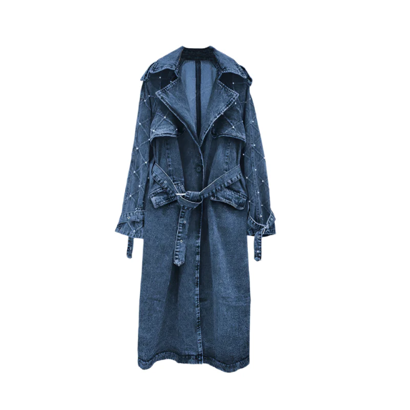 Turn Down Belt Denim Lapel Long Sleeve Trench Coat Blue / M