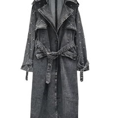 Turn Down Belt Denim Lapel Long Sleeve Trench Coat Dark