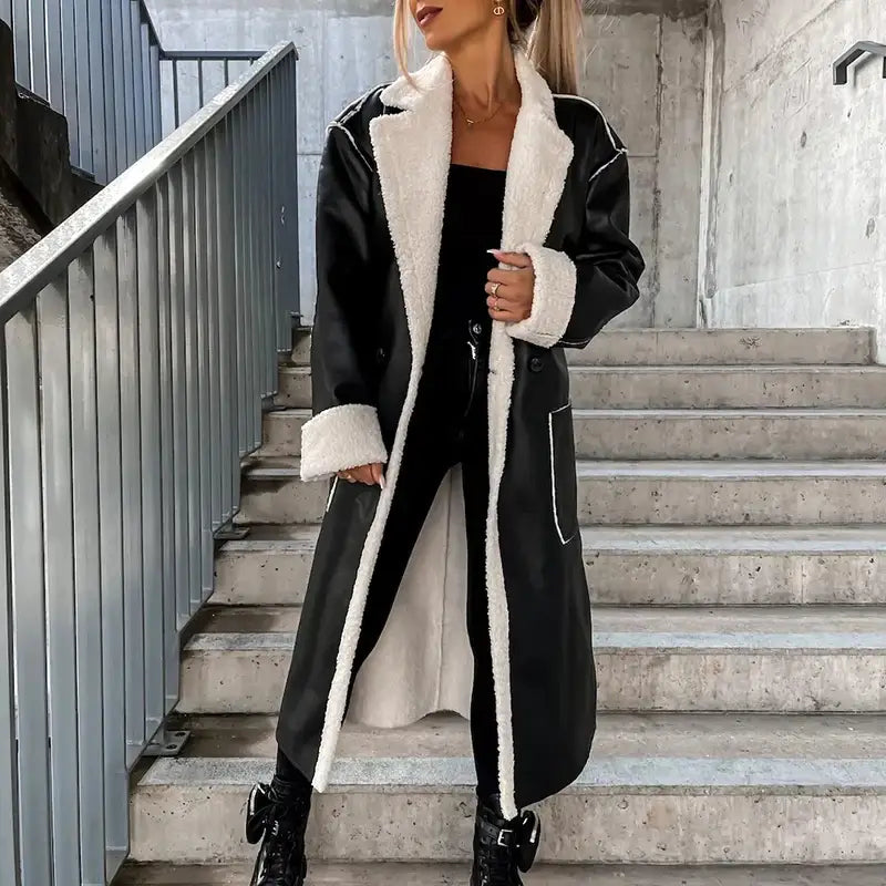 Turn-Down Collar Thick Warm Outerwear Solid Belt Long Coat