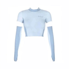 Turtle-neck Crop-Top With Long-sleeve Gloves - Blue / S