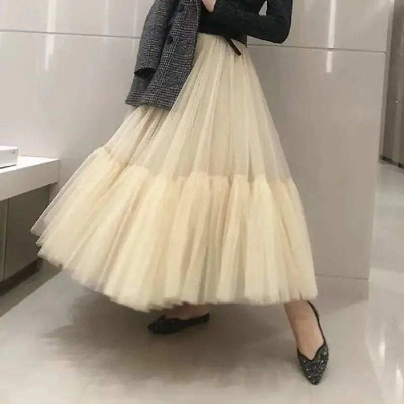 Tutu Tulle Midi Pleated Soft Mesh Skirts - Beige / One Size