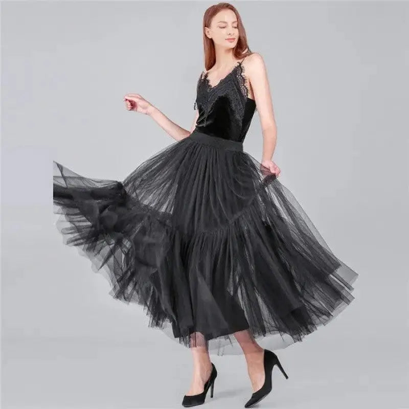 Tutu Tulle Midi Pleated Soft Mesh Skirts - Black / One Size