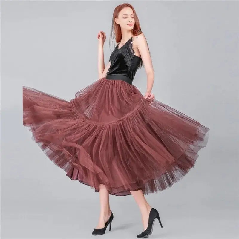 Tutu Tulle Midi Pleated Soft Mesh Skirts - Brown / One Size