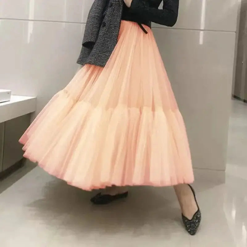 Tutu Tulle Midi Pleated Soft Mesh Skirts - Peach / One Size