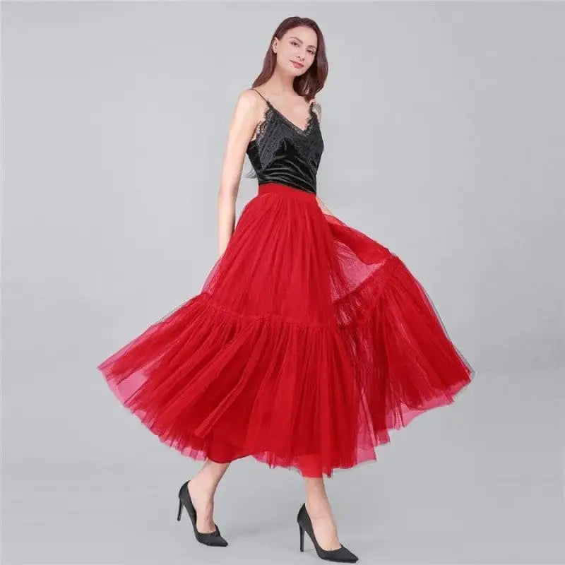 Tutu Tulle Midi Pleated Soft Mesh Skirts - Red / One Size
