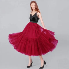 Tutu Tulle Midi Pleated Soft Mesh Skirts - Red. / One Size