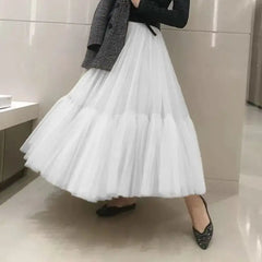 Tutu Tulle Midi Pleated Soft Mesh Skirts - White / One Size