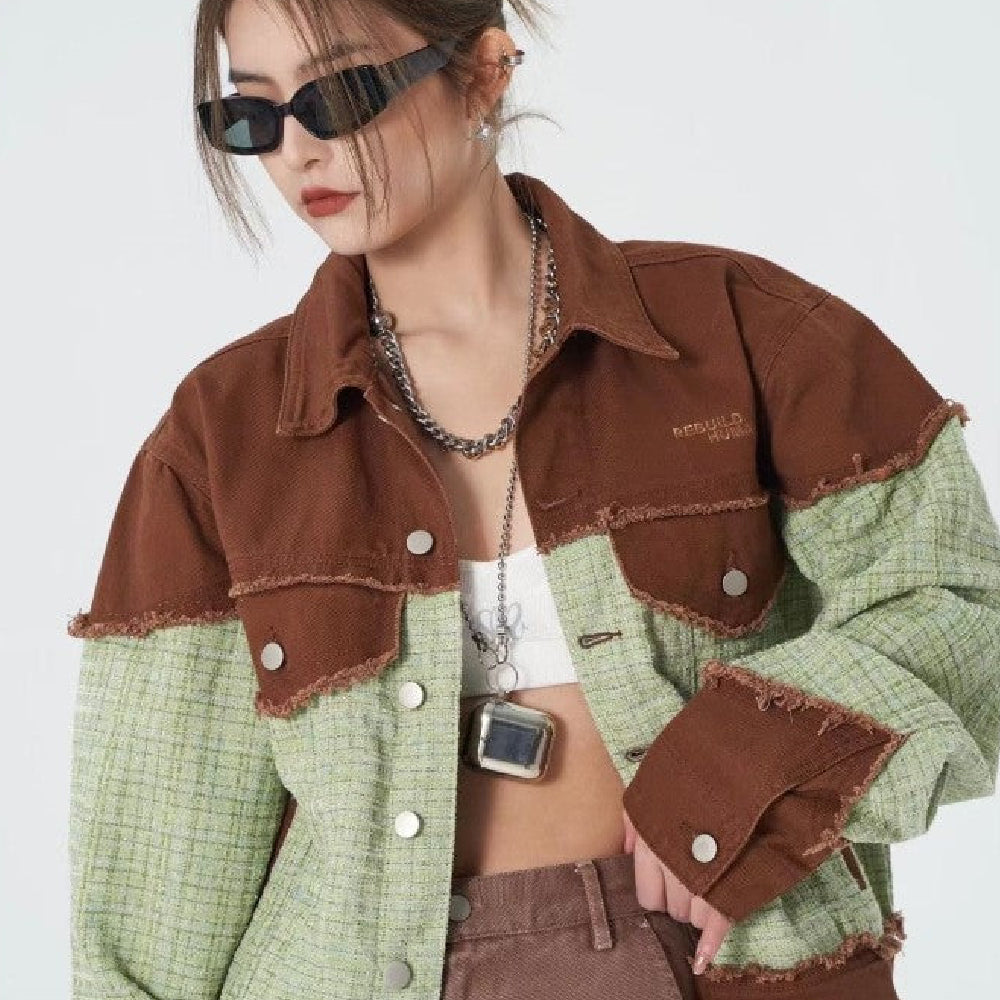 Two Colors Loose Jacket - Brown-Green / M