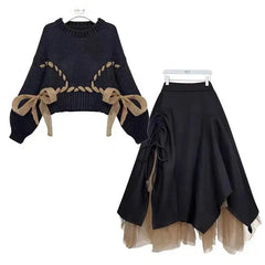 Two-Piece Set Knitted Sweater Lace Straps Midi Length Tulle Skirt