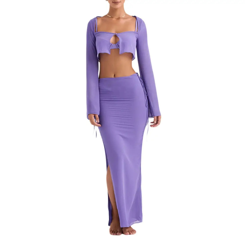 Two-piece set short Crop Top long slit skirt - Violet / S
