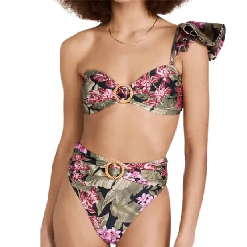 Two Piece Vintage Shoulder Ruffled High Waist Swimsuit