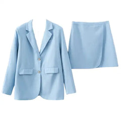 Two Pieces Notched Collar Long Sleeve Linen Blazer High Waist Skirt