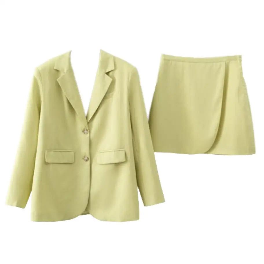 Two Pieces Notched Collar Long Sleeve Linen Blazer High Waist Skirt