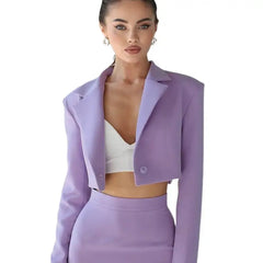 Two Pieces Set Short Notched Lapel Blazer Long Sleeve High Waist Skirt