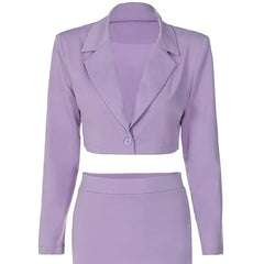 Two Pieces Set Short Notched Lapel Blazer Long Sleeve High Waist Skirt