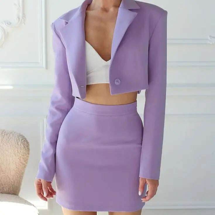 Two Pieces Set Short Notched Lapel Blazer Long Sleeve High Waist Skirt