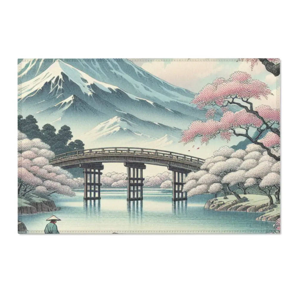 Ukiyo-e Area Rug with Cherry Blossoms and Wooden Bridge