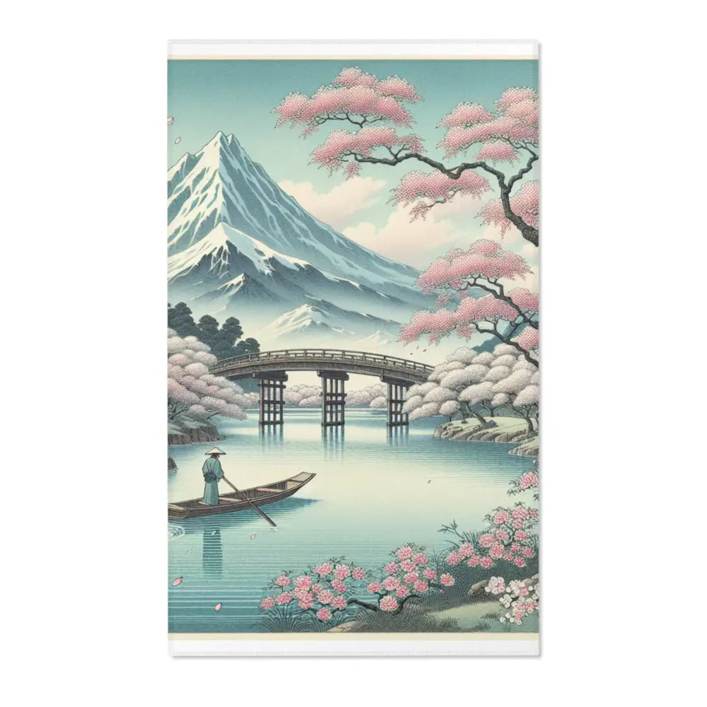 Ukiyo-e Area Rug with Cherry Blossoms and Wooden Bridge