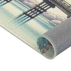 Ukiyo-e Area Rug with Cherry Blossoms and Wooden Bridge