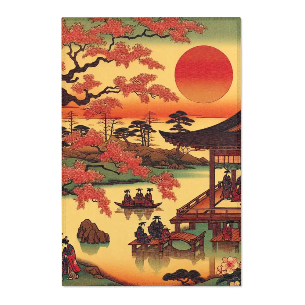 Ukiyo-e Art Area Rug with Cherry Blossoms and Rising Sun