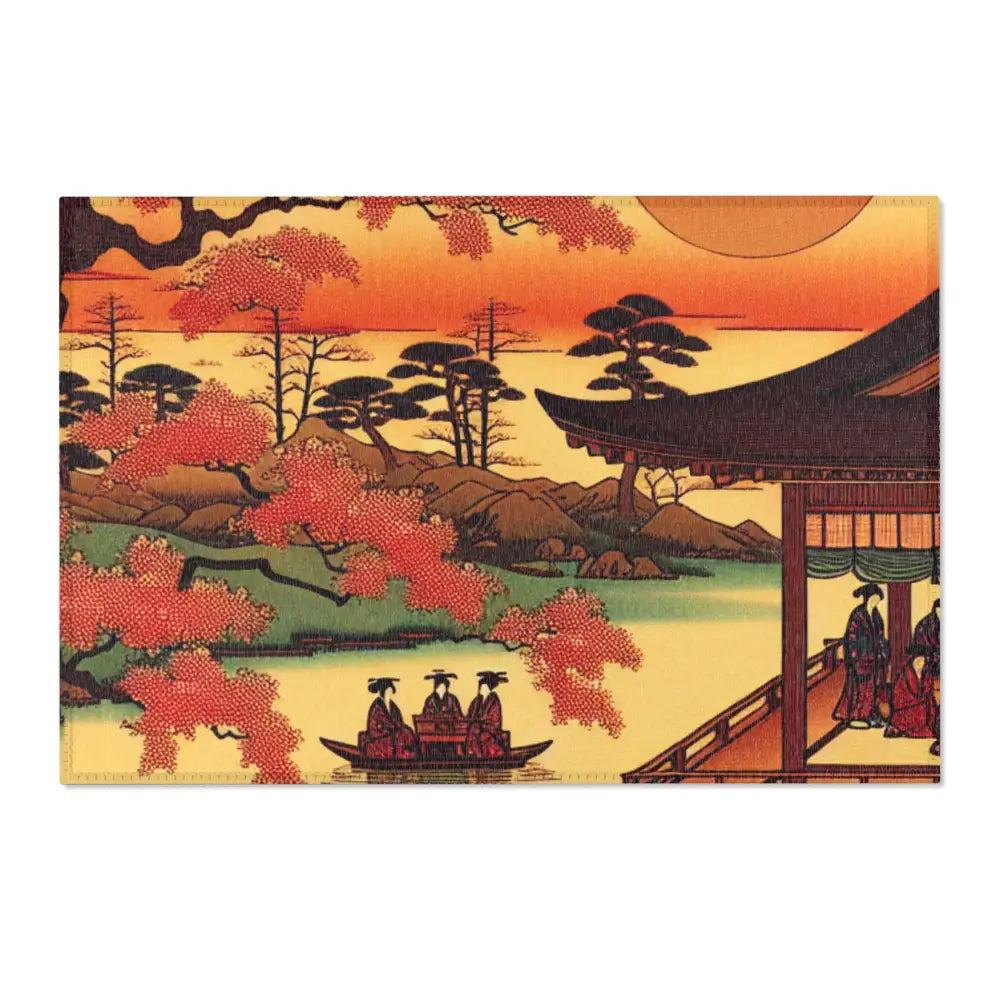 Ukiyo-e Art Area Rug with Cherry Blossoms and Rising Sun