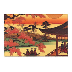 Ukiyo-e Art Area Rug with Cherry Blossoms and Rising Sun