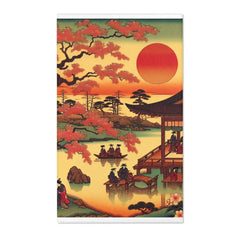 Ukiyo-e Art Area Rug with Cherry Blossoms and Rising Sun