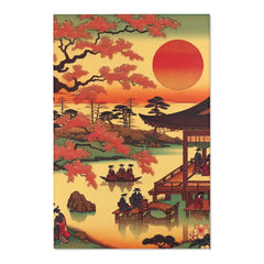 Ukiyo-e Art Area Rug with Cherry Blossoms and Rising Sun