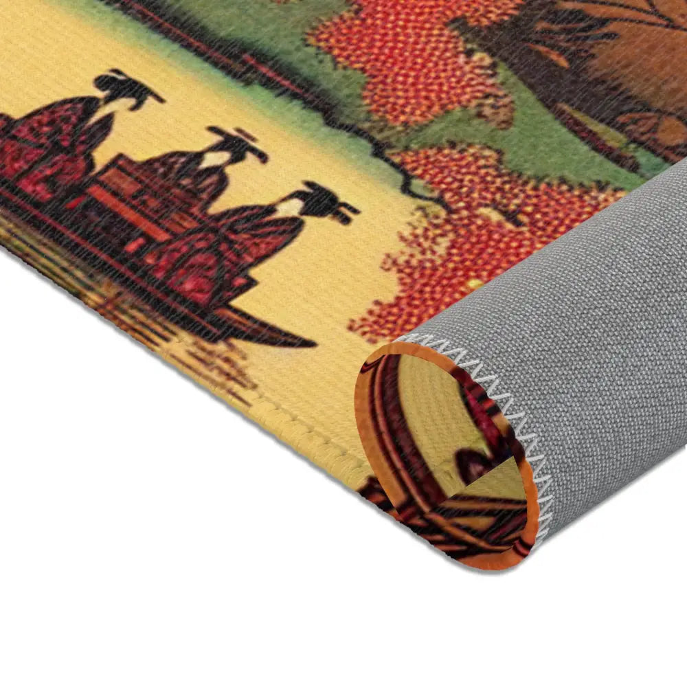 Ukiyo-e Art Area Rug with Cherry Blossoms and Rising Sun