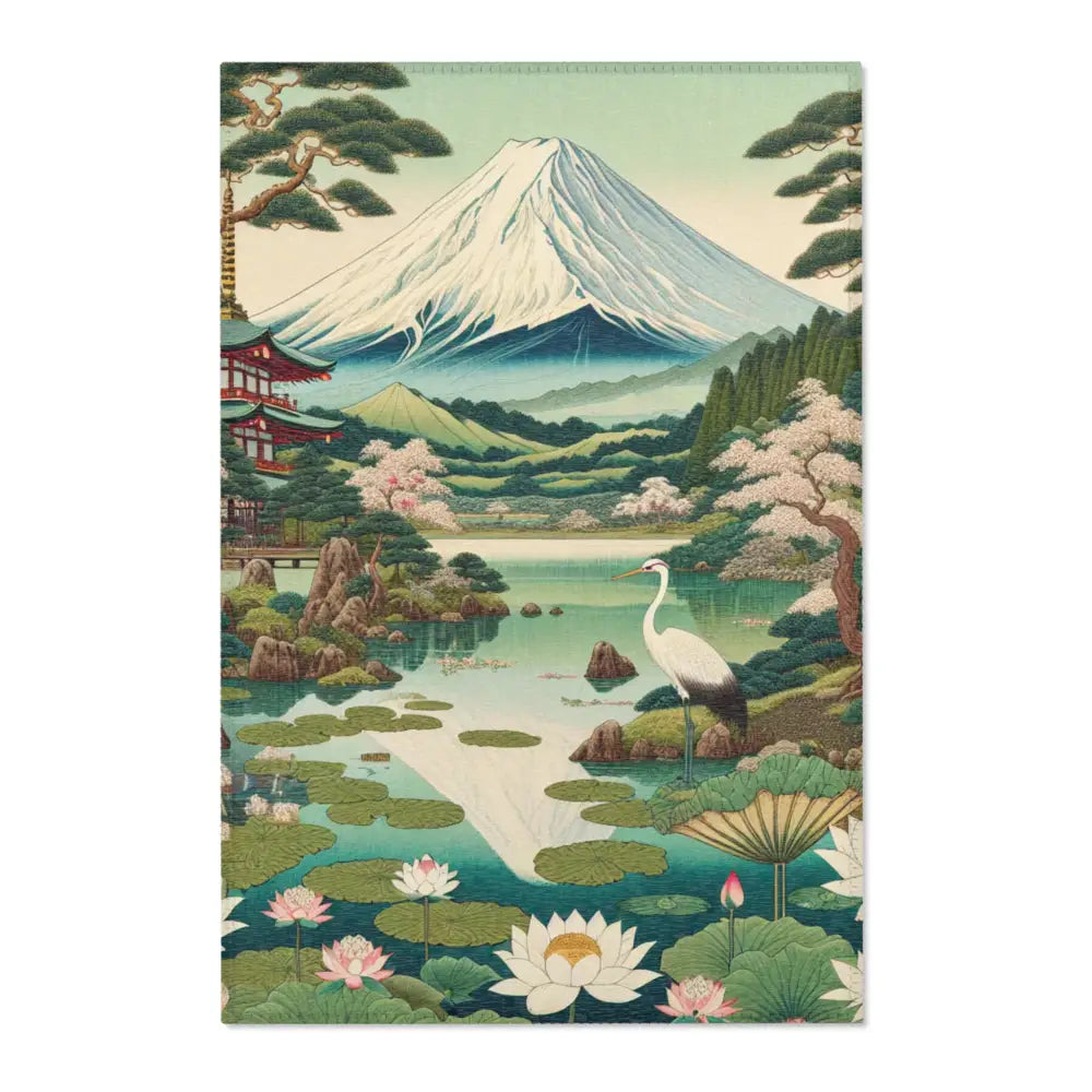 Ukiyo-e Inspired Area Rug with Mount Fuji and Lotus Pond