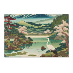 Ukiyo-e Inspired Area Rug with Mount Fuji and Lotus Pond