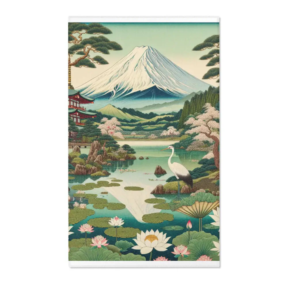 Ukiyo-e Inspired Area Rug with Mount Fuji and Lotus Pond