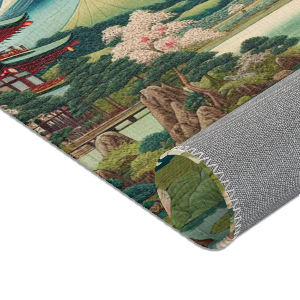Ukiyo-e Inspired Area Rug with Mount Fuji and Lotus Pond