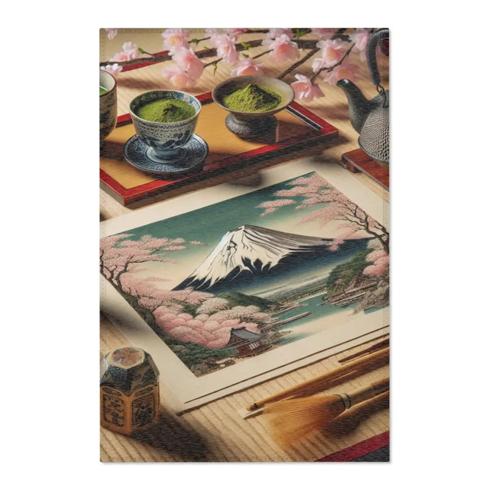 Ukiyo-e Style Area Rug with Mount Fuji and Cherry Blossoms