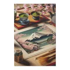 Ukiyo-e Style Area Rug with Mount Fuji and Cherry Blossoms