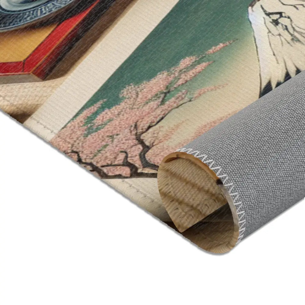 Ukiyo-e Style Area Rug with Mount Fuji and Cherry Blossoms