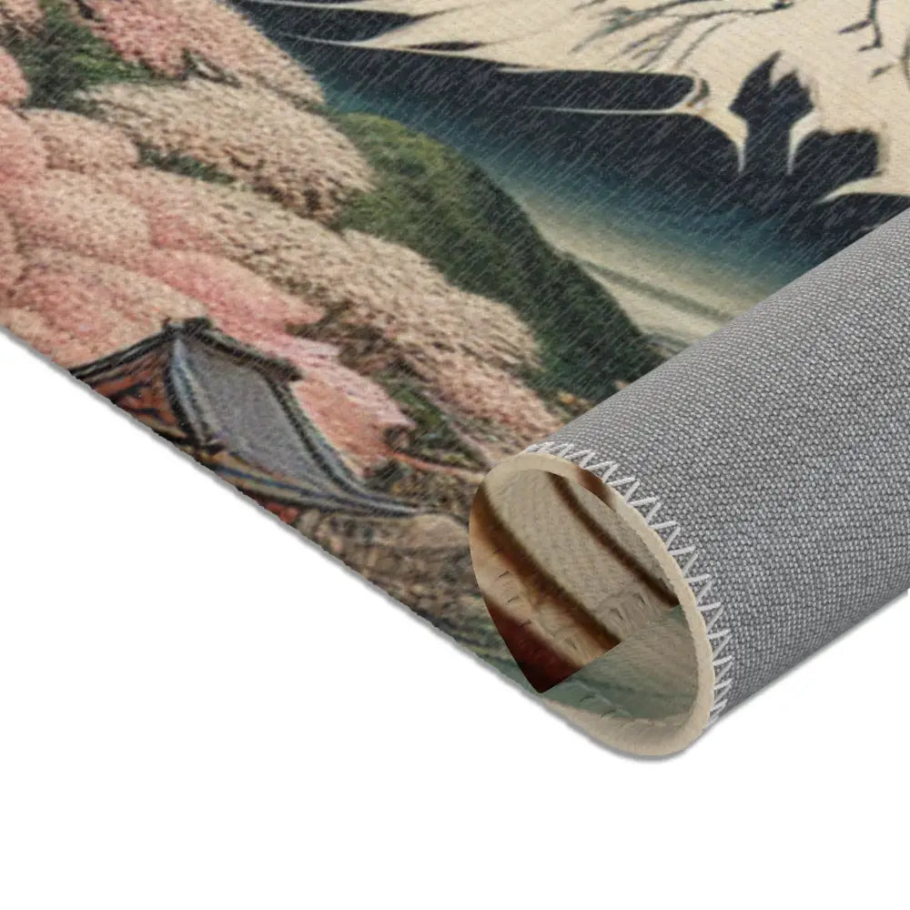 Ukiyo-e Style Area Rug with Mount Fuji and Cherry Blossoms