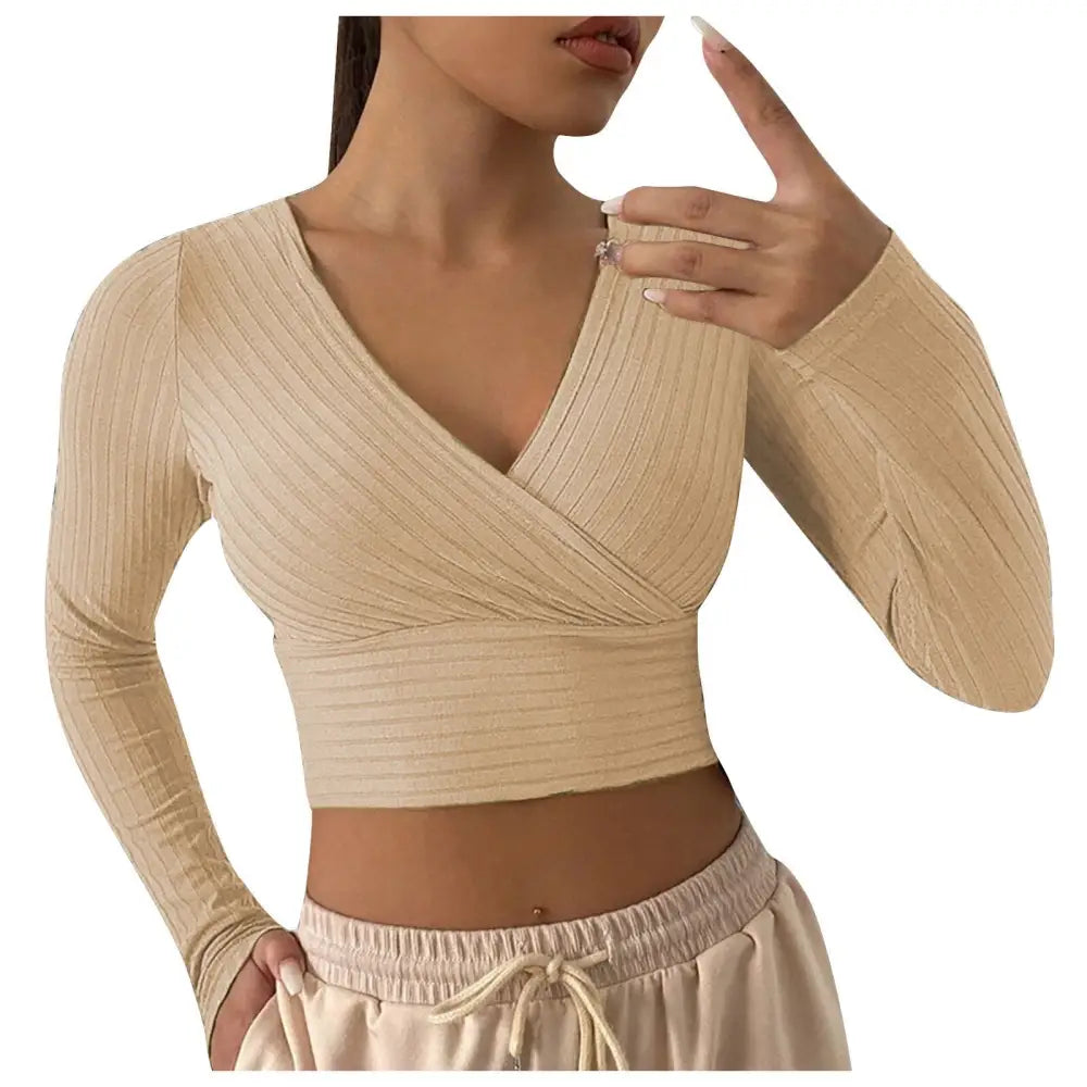 V-Neck Cross Wrap Ribbed Knit Crop Top