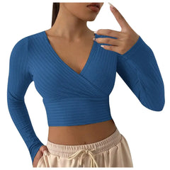 V-Neck Cross Wrap Ribbed Knit Crop Top