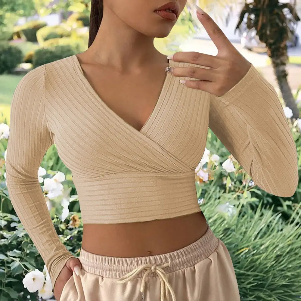 V-Neck Cross Wrap Ribbed Knit Crop Top