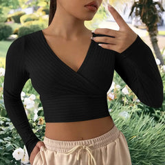 V-Neck Cross Wrap Ribbed Knit Crop Top