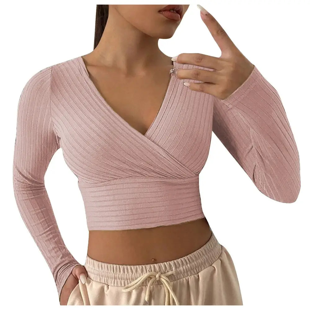 V-Neck Cross Wrap Ribbed Knit Crop Top