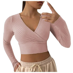 V-Neck Cross Wrap Ribbed Knit Crop Top